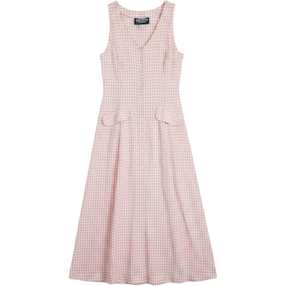 Clues Collections Vintage Pink Gingham Button Front Maxi Dress Sleeveless Small